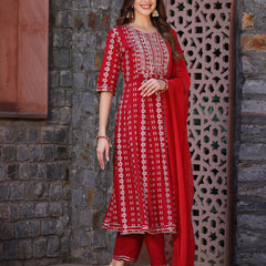 Printed Rayon Embroidered Anarkali Kurta Pant Dupatta Set