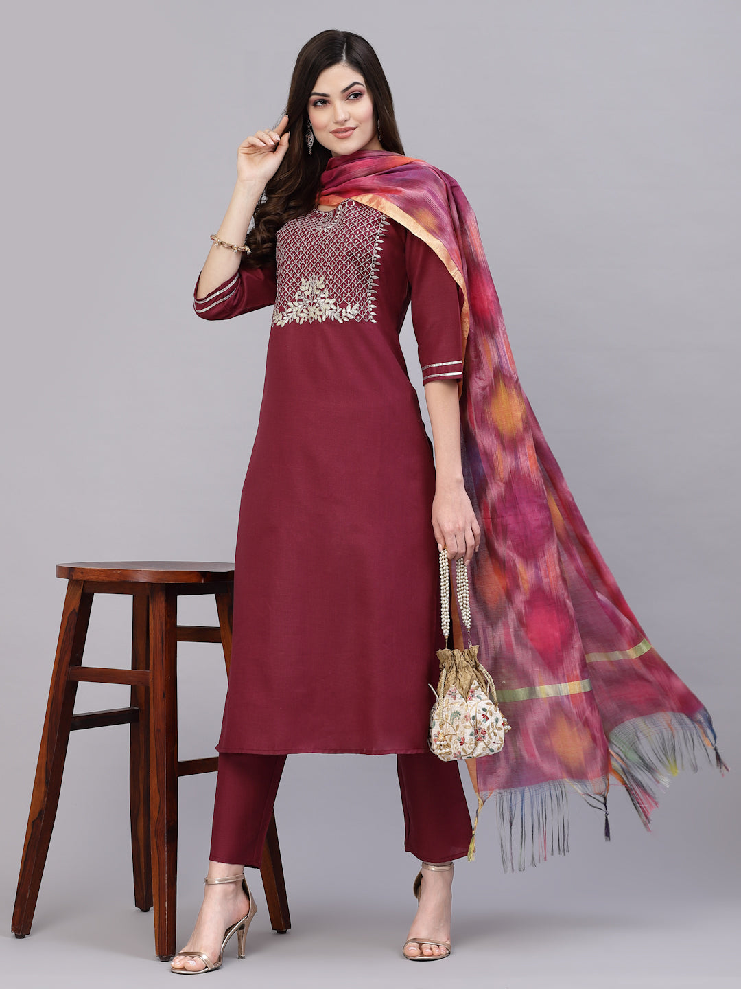 Cotton Blend Straight Kurta Pant Dupatta Set