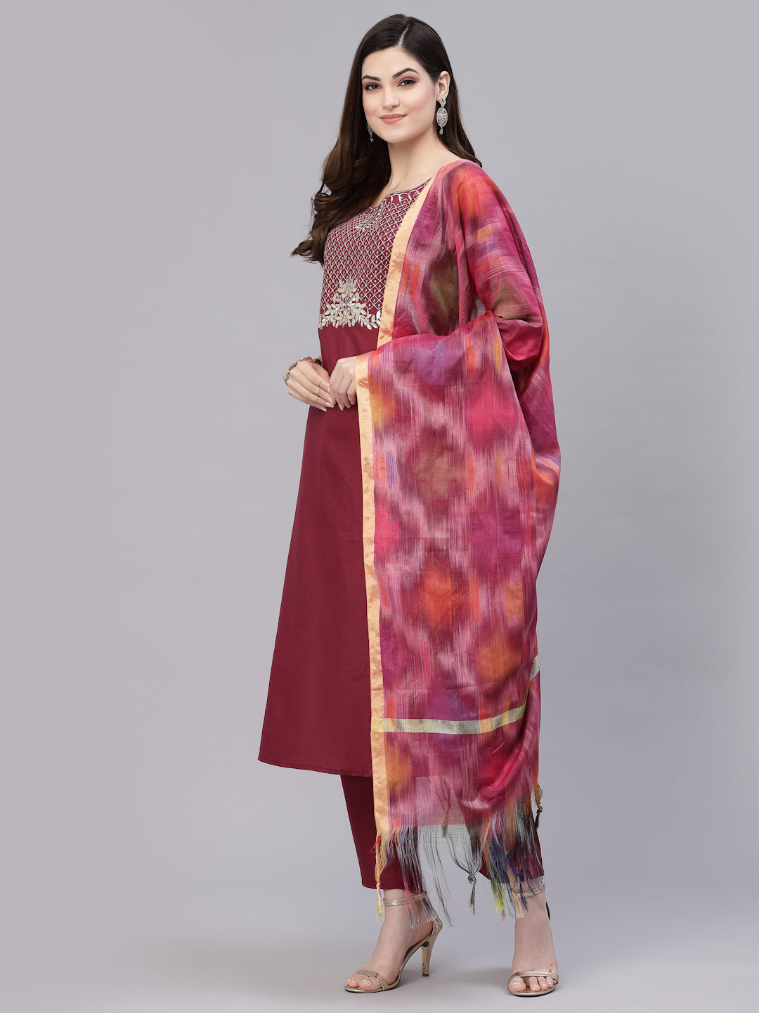 Stylum Women's Embroidered Cotton Blend Straight Kurta Pant Dupatta Set (KPDRIMJIM)