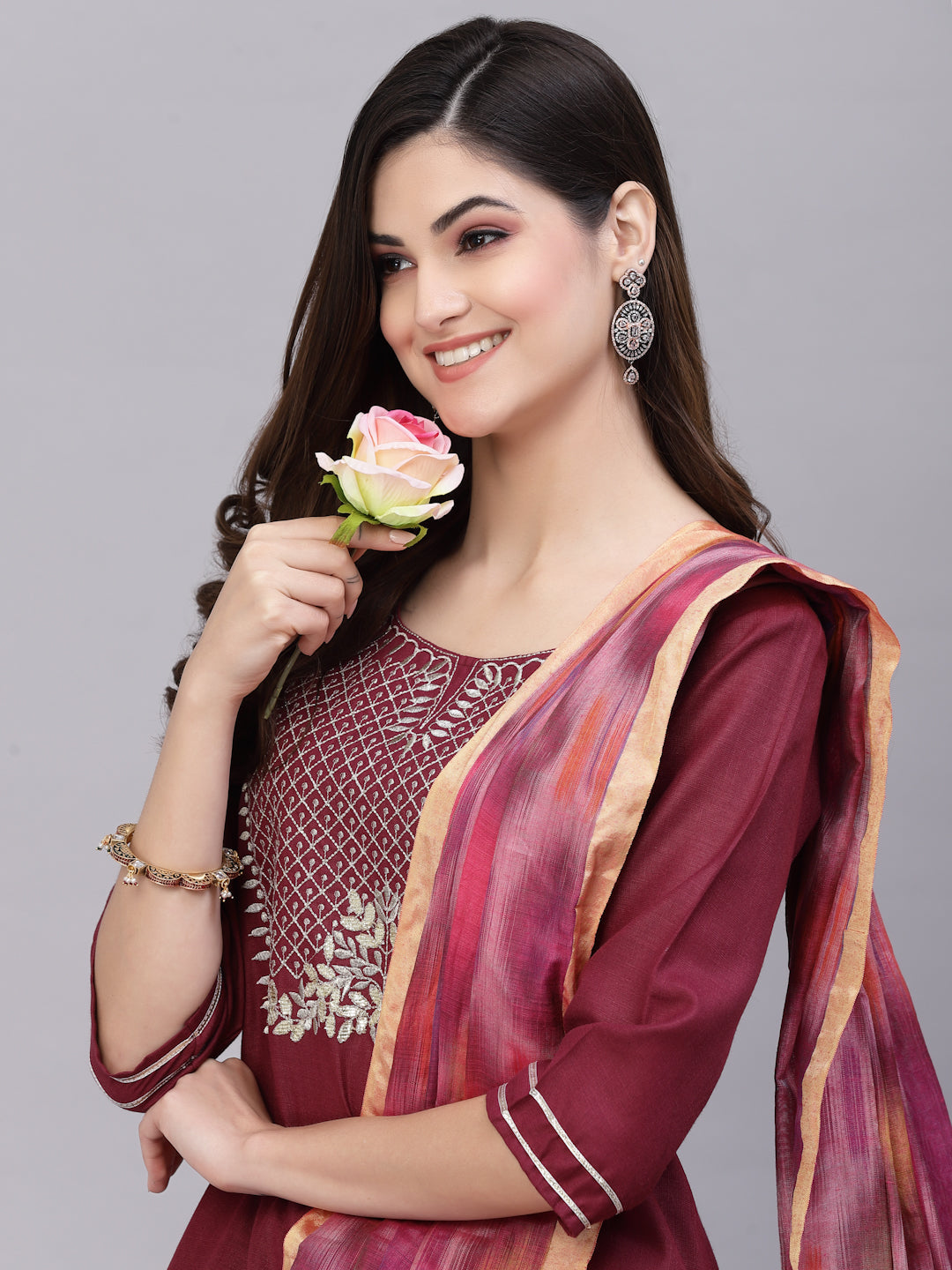 Stylum Women's Embroidered Cotton Blend Straight Kurta Pant Dupatta Set (KPDRIMJIM)