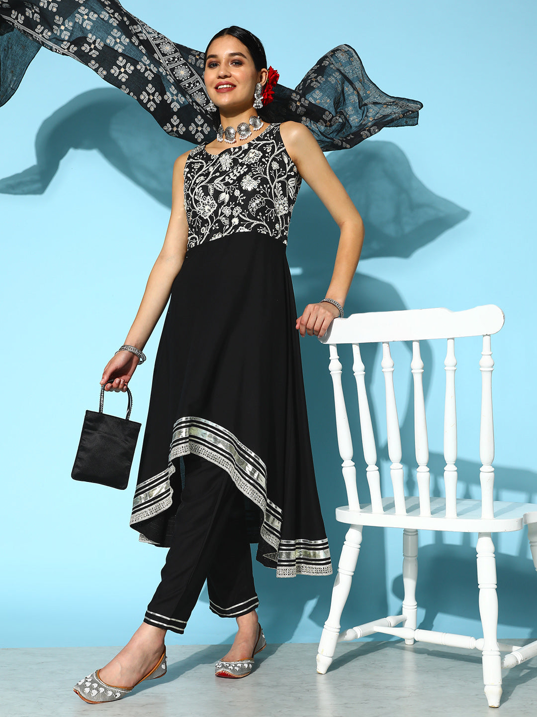 Asymmetrical Kurta Pant Dupatta Set