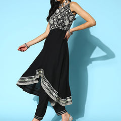 Embroidered Rayon Asymmetrical Kurta Pant Dupatta Set