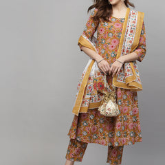 Stylum Women's Floral Printed Cotton Kurta Pant Dupatta Set (KPDYELLOWURI)