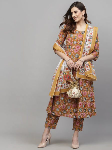 Stylum Women's Floral Printed Cotton Kurta Pant Dupatta Set (KPDYELLOWURI)