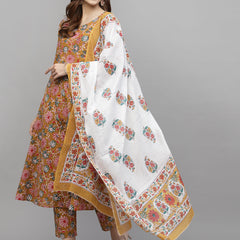 Stylum Women's Floral Printed Cotton Kurta Pant Dupatta Set (KPDYELLOWURI)