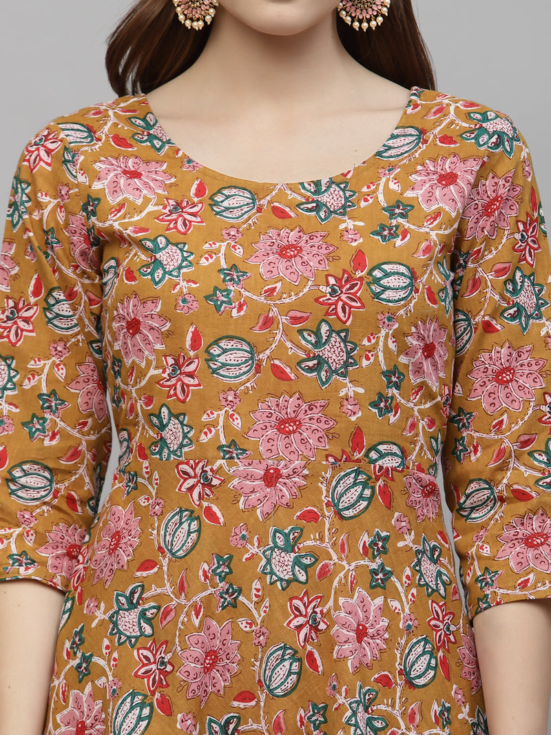 Stylum Women's Floral Printed Cotton Kurta Pant Dupatta Set (KPDYELLOWURI)