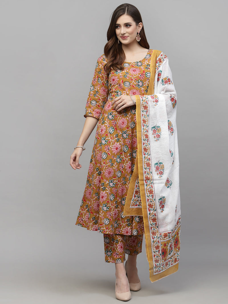 Stylum Women's Floral Printed Cotton Kurta Pant Dupatta Set (KPDYELLOWURI)