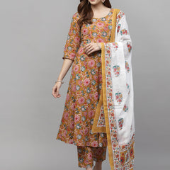 Stylum Women's Floral Printed Cotton Kurta Pant Dupatta Set (KPDYELLOWURI)