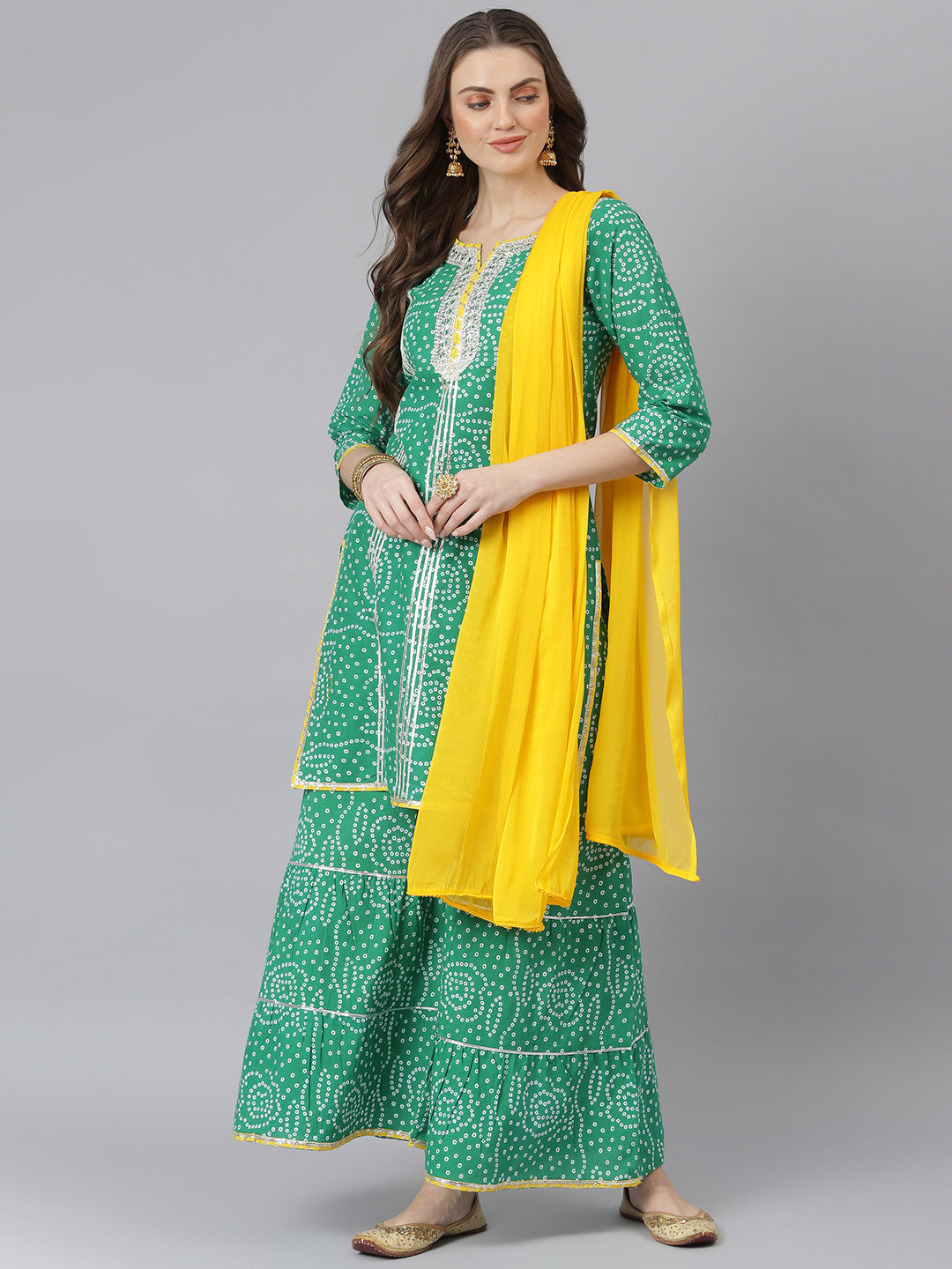 Stylum Women's Bandhani Print Cotton Straight Kurta Sharara Dupatta Set (KSDBANDHEJGRN)