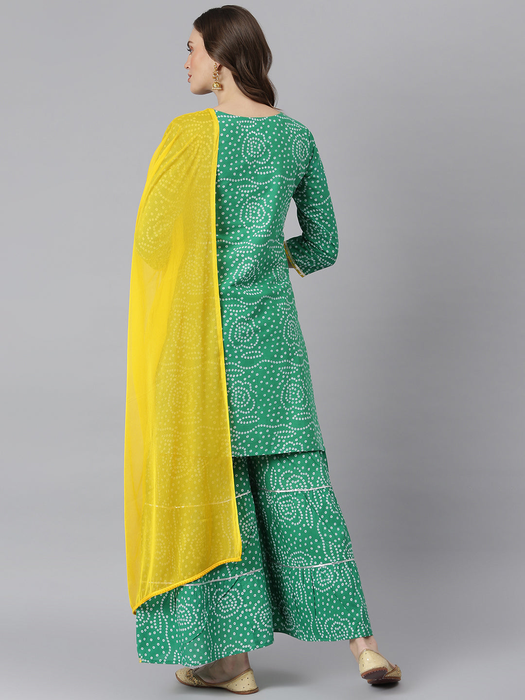 Stylum Women's Bandhani Print Cotton Straight Kurta Sharara Dupatta Set (KSDBANDHEJGRN)