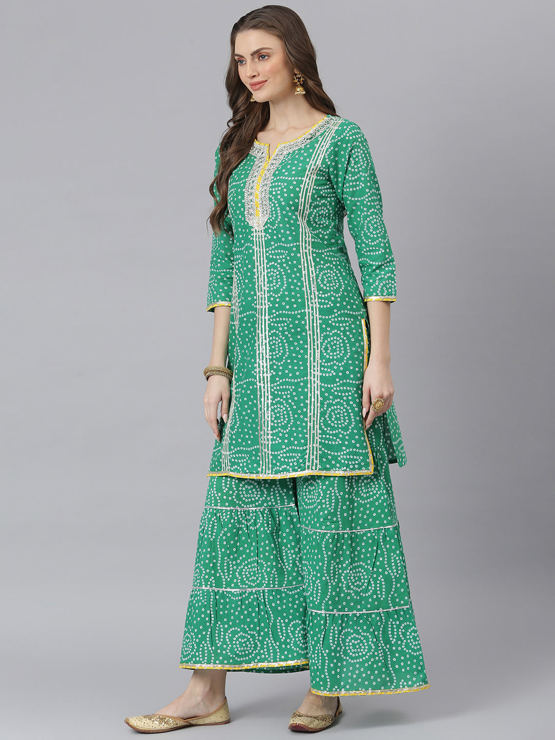 Stylum Women's Bandhani Print Cotton Straight Kurta Sharara Dupatta Set (KSDBANDHEJGRN)
