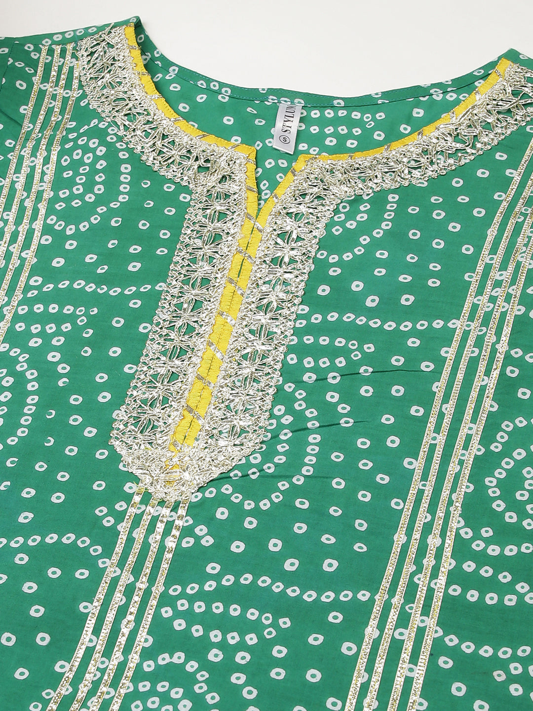 Stylum Women's Bandhani Print Cotton Straight Kurta Sharara Dupatta Set (KSDBANDHEJGRN)