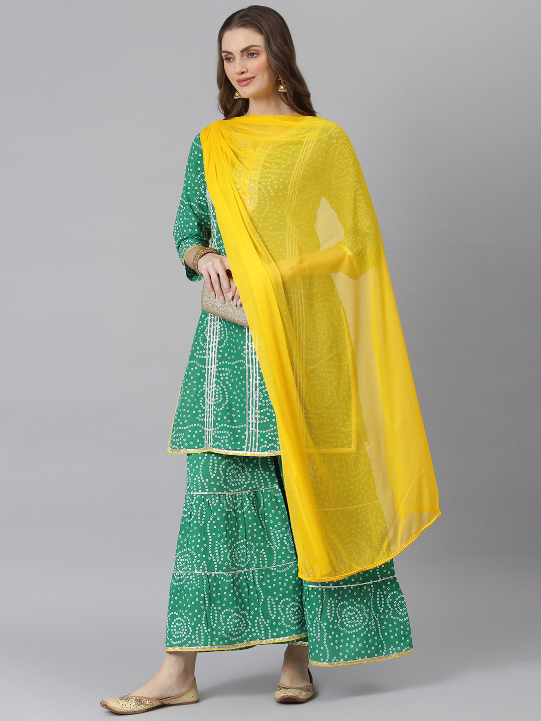 Stylum Women's Bandhani Print Cotton Straight Kurta Sharara Dupatta Set (KSDBANDHEJGRN)