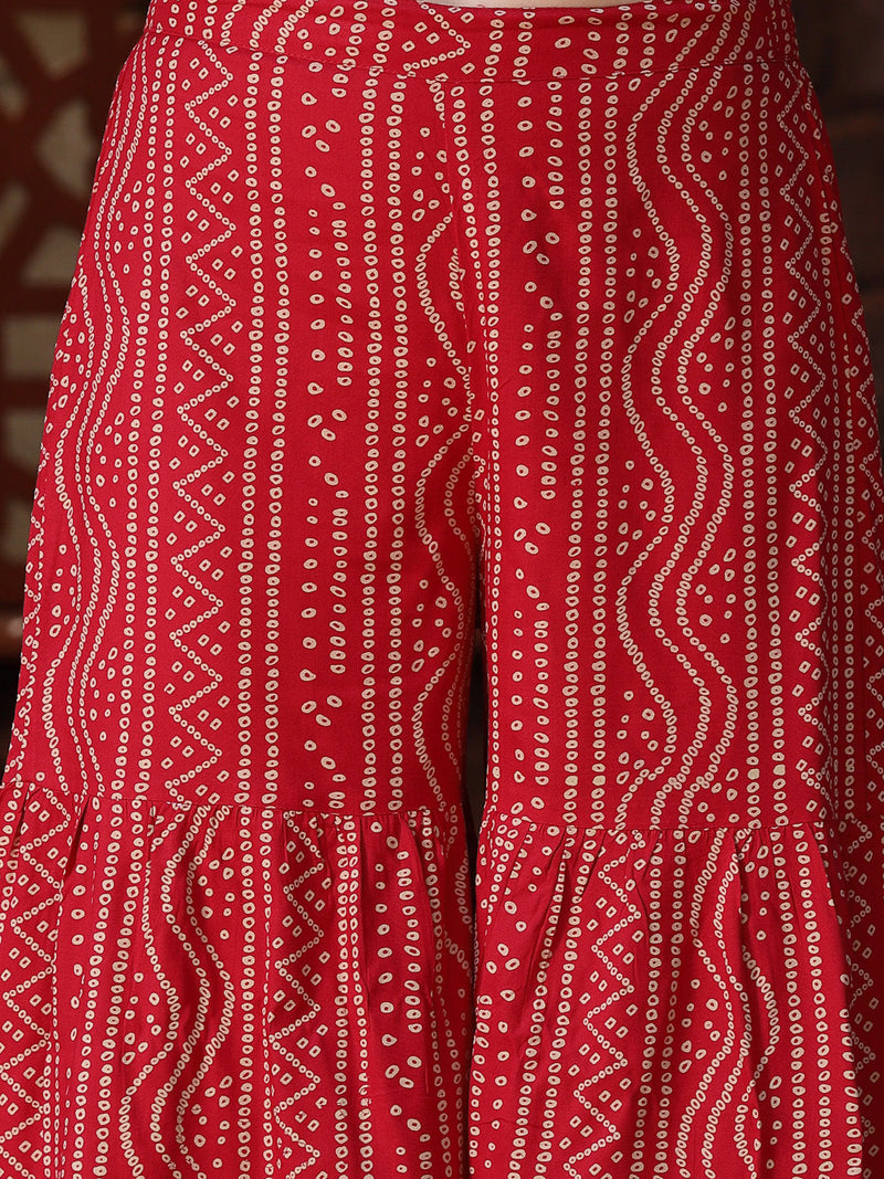 Stylum Women's Bandhej Printed & Embroidered Kurta Sharara Dupatta Set (KSDREDBERRY )