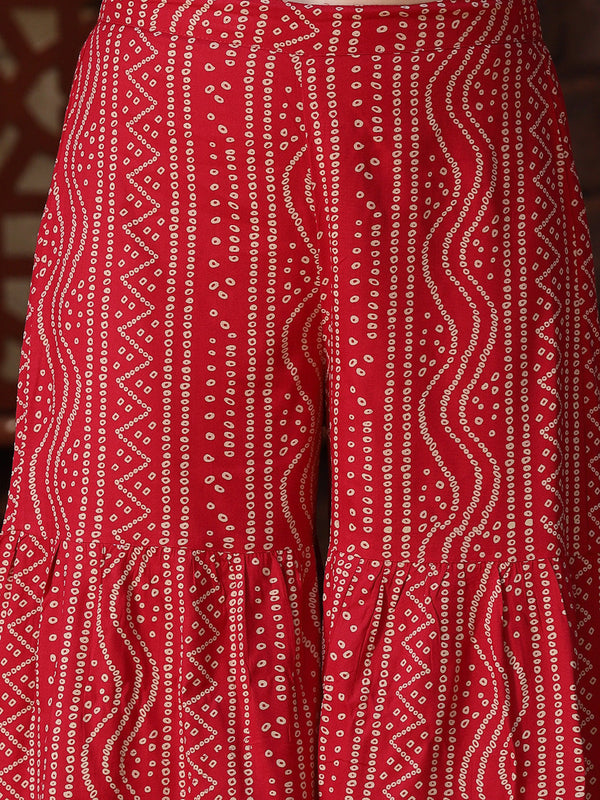 Stylum Women's Bandhej Printed & Embroidered Kurta Sharara Dupatta Set (KSDREDBERRY )