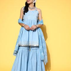 Embroidered Cotton Kurta Sharara with Printed Dupatta