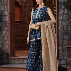 Stylum Women's Gold Printed Cotton Kurta Sharara Dupatta Set (KSDTEALZOYA)