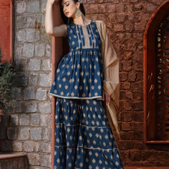 Stylum Women's Gold Printed Cotton Kurta Sharara Dupatta Set (KSDTEALZOYA)