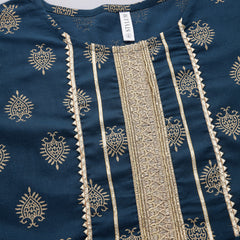 Stylum Women's Gold Printed Cotton Kurta Sharara Dupatta Set (KSDTEALZOYA)