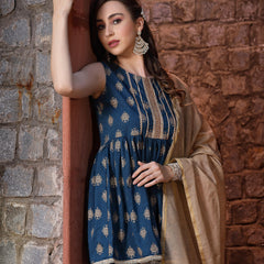 Stylum Women's Gold Printed Cotton Kurta Sharara Dupatta Set (KSDTEALZOYA)