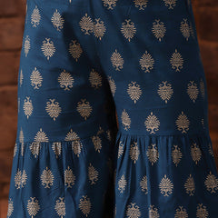 Stylum Women's Gold Printed Cotton Kurta Sharara Dupatta Set (KSDTEALZOYA)