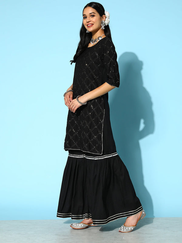 Stylum Women's Sequenced Rayon Kurta Sharara Dupatta Set (KSDTESLA)