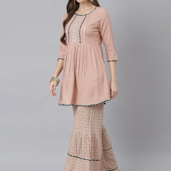 Stylum Women's  Printed Rayon Pleated Kurta Sharara Dupatta Set (KSDTEXOBEIGE)