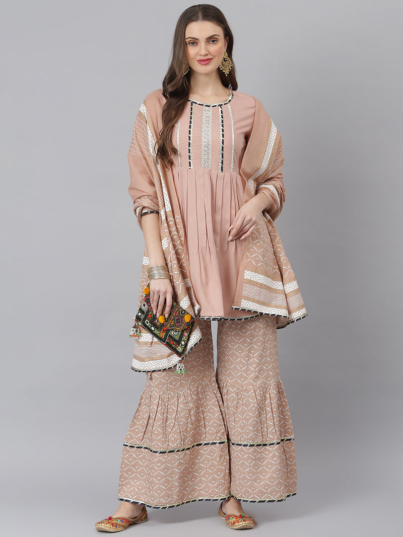 Rayon Pleated Kurta Sharara Dupatta Set