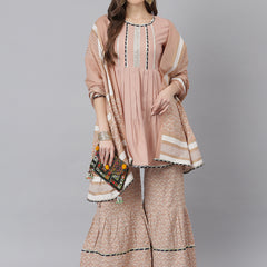 Rayon Pleated Kurta Sharara Dupatta Set