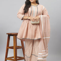 Stylum Women's  Printed Rayon Pleated Kurta Sharara Dupatta Set (KSDTexoBeigeSet)