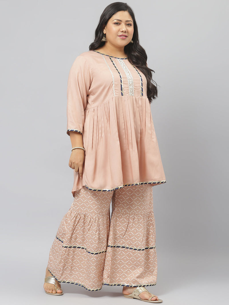 Stylum Women's  Printed Rayon Pleated Kurta Sharara Dupatta Set (KSDTexoBeigeSet)