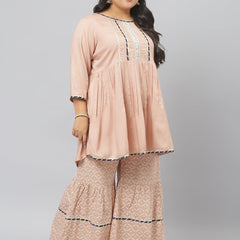 Stylum Women's  Printed Rayon Pleated Kurta Sharara Dupatta Set (KSDTexoBeigeSet)