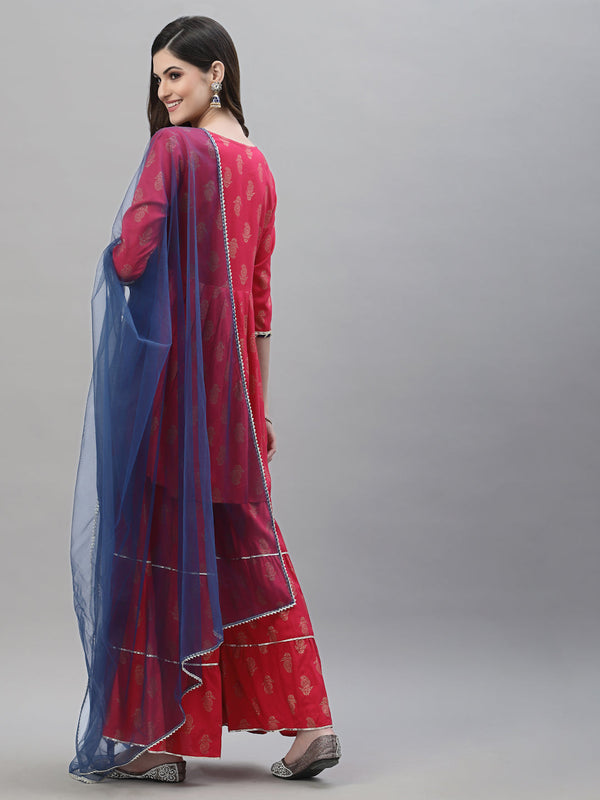 Stylum Women's Gold Printed Rayon A-Line Kurta Sharara Dupatta Set (KSDVISTARUBY)