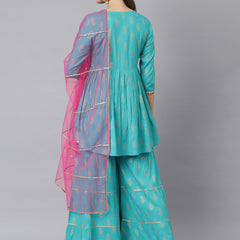 Stylum Women's Printed Rayon A-Line Kurta Sharara Dupatta Set (KSDVISTATURQ)