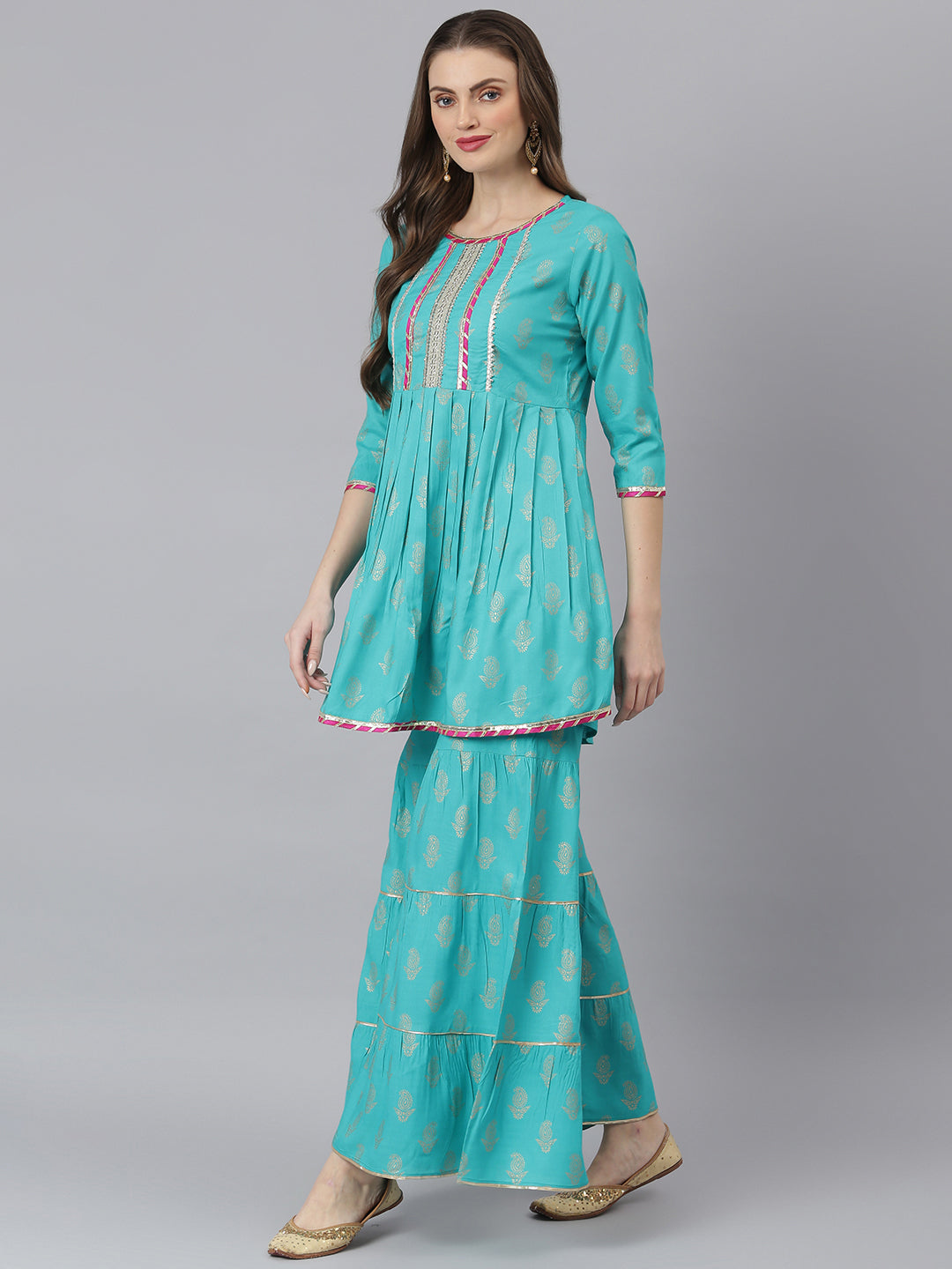 Stylum Women's Printed Kurta Sharara Dupatta Set (KSDVistaTurqSet)