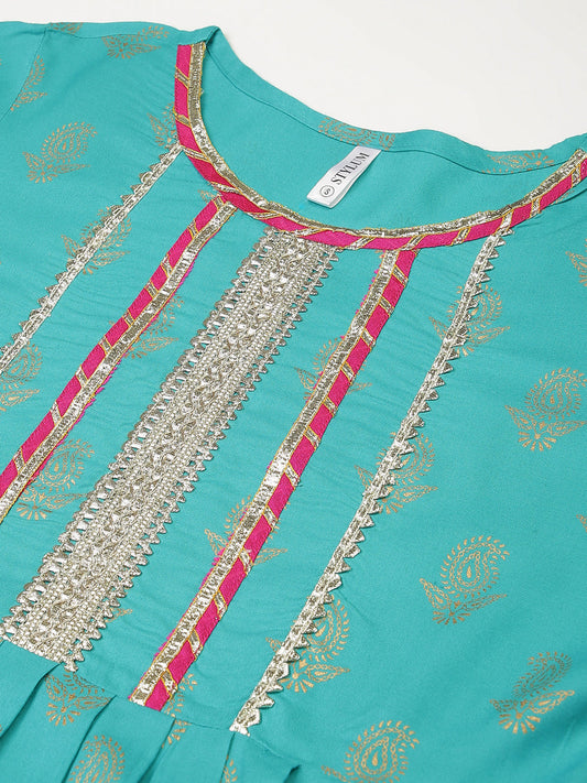 Stylum Women's Printed Kurta Sharara Dupatta Set (KSDVistaTurqSet)