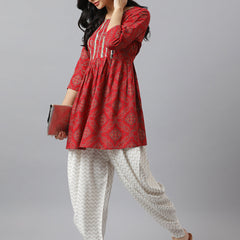 Stylum Women's Bandhani Print Rayon Pleated Kurta Dhoti Pant Set (Kdaarimaroon)