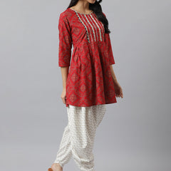 Stylum Women's Bandhani Print Rayon Pleated Kurta Dhoti Pant Set (Kdaarimaroon)