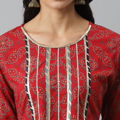 Stylum Women's Bandhani Print Rayon Pleated Kurta Dhoti Pant Set (Kdaarimaroon)