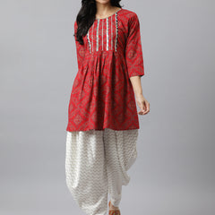 Stylum Women's Bandhani Print Rayon Pleated Kurta Dhoti Pant Set (Kdaarimaroon)
