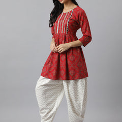 Stylum Women's Bandhani Print Rayon Pleated Kurta Dhoti Pant Set (Kdaarimaroon)