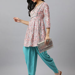 Stylum Women's Floral Printed Cotton Pleated Kurta Dhoti Pant Set (Kdimaralpink)