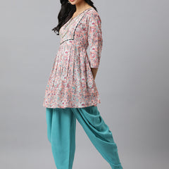 Stylum Women's Floral Printed Cotton Pleated Kurta Dhoti Pant Set (Kdimaralpink)
