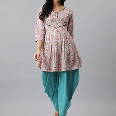 Stylum Women's Floral Printed Cotton Pleated Kurta Dhoti Pant Set (Kdimaralpink)