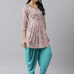 Stylum Women's Floral Printed Cotton Pleated Kurta Dhoti Pant Set (Kdimaralpink)
