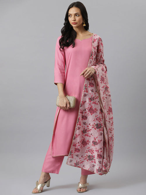 Stylum Women's Solid Rayon Straight Kurta Pant Dupatta Set (Kpdmoremulberrypnk)