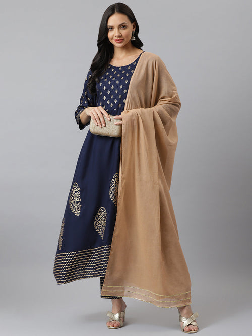 Rayon Flared Kurta Pant Dupatta Set
