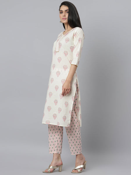 Stylum Printed Cotton Straight Kurta Pant Set (Kppikoecru)