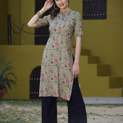 Stylum Women's Floral Printed Cotton Midi Flared Dress (MILANBEIGE)