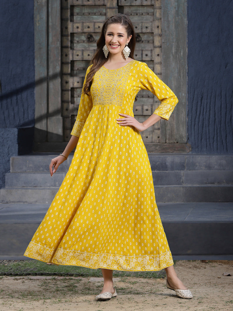 Mustard Embroidered Long Kurta